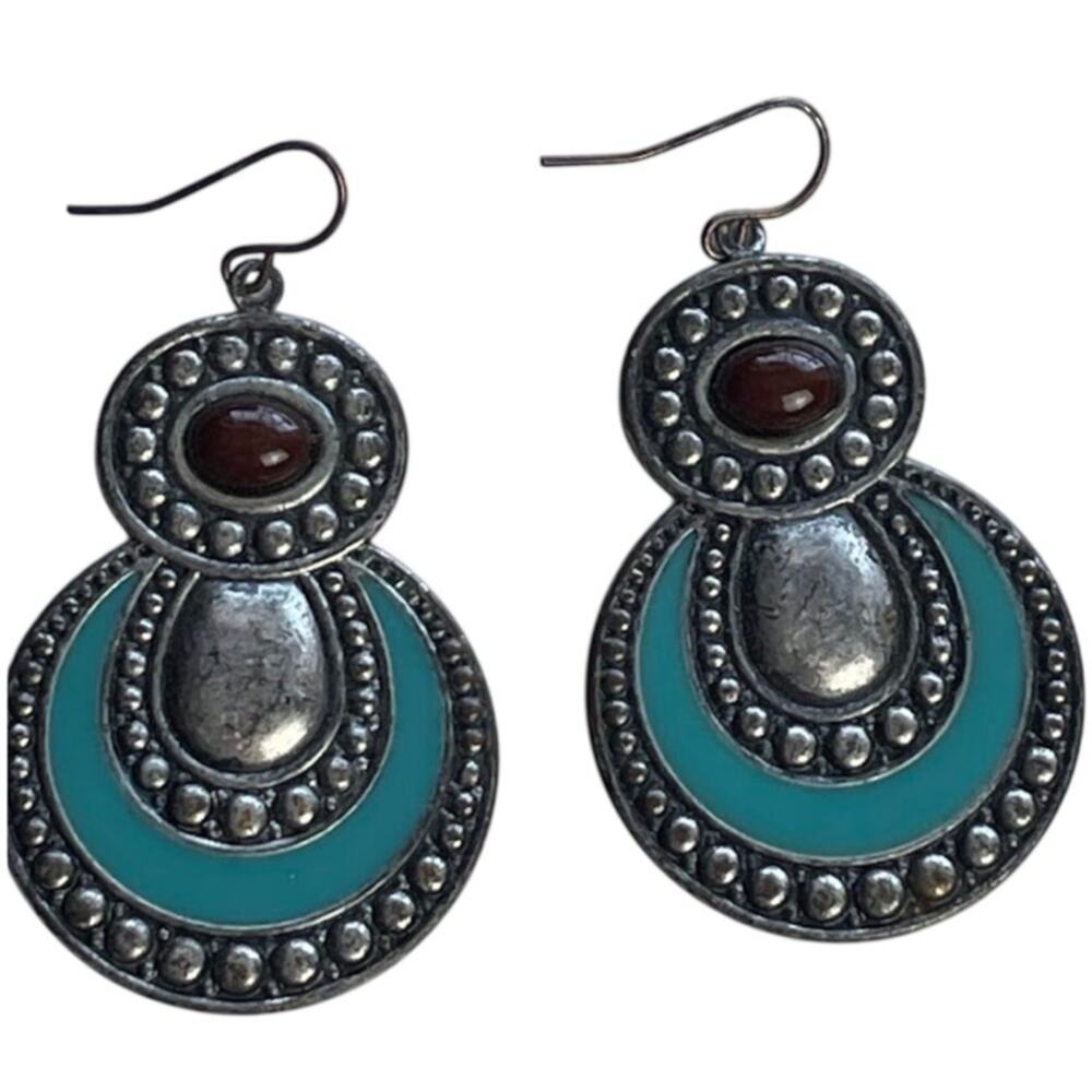 Faux Turquoise Dangle Boho Earrings Concho Style Western Silver Jewelry